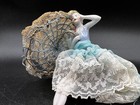 Vintage German Porcelain Pin Cushion Half Doll With Blue Parasol And Legs