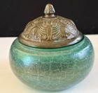 Vintage Silvestri-style Blown  Iridescent Green Crackle Glass Jar W brass Lid