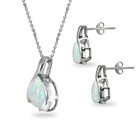 Simulated White Opal Teardrop 925 Silver Pendant Necklace   Stud Earrings Set