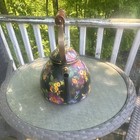 Mackenzie-childs Black Floral Enamel Stove Top Tea Kettle W  Wood Handle