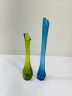 Vintage Mid Century Modern Swung Glass Vase Blue   Green 12  - 15 1 2  Slim        