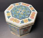 Vtg Metal Tea Biscuit Tin Floral Gold Hexogon Daher Made England Storage