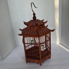 Chinese Bamboo Carving Hexagon Bird Cage Ceramic Feeders Decor