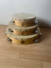 Vintage Set Of 3 Tambourines 10  8  6  Wood W  Hide Skin Head Percussion - Japan