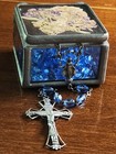 Vintage Italian Sterling Silver Blue Crystal Rosary   Pressed Flower Glass Box