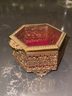 Antique Gilt Ormulu Gold Hexagon Victorian Glass Footed Jewelry Trinket Box