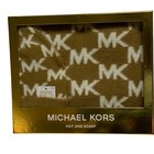 Michael Kors Women Camel Brown Mk Monogram Logo Hat And Scarf Boxed Gift Set