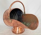 Antique Solid Copper Log Bin - Bucket - Coal Scuttle - Helmet Brass Vintage  G