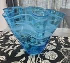 Vintage Blue Glass White Swirl Handkerchief Vase Art Glass 6     X 7-1 2   