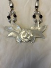 Vintage Lee Sands Carved Mother Of Pearl Flower Bib Statement Necklace