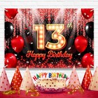 Happy 13th Birthday Backdrop Banner Black And Red Theme Background With Neon    