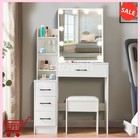Dressing Table Set W stool 4 Drawer mirror White Vanity Makeup Jewelry Wood Desk