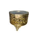 Vintage Gold Filigree Ormolu Jewelry Box Beveled Glass Yellow Velvet Round Foot