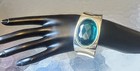 Vintage Silvertone Hinged Clamper Large Aqua Blue Ocean Faceted Acrylic Stone 