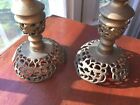 Vintage Pair Pierced Brass Aesthetic Pillar Candlesticks