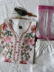 Readymade Women White Khadi Cotton Kurti Pant Dupatta Set Embroidery Ethnic Wear
