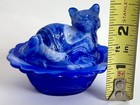 Vintage Blue Slag Glass Salt Cellar Cat On Nest Open Salt Dish