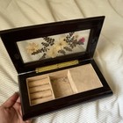 Brown Wood Jewelry Box Glass Lid Floral Velvet Lined Ring Rolls Holds 6 Rings