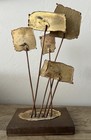 Vintage Mid-century Brutalist Metal Flowers Sculpture Wood Base