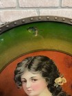 Antique Tin Chimney Flue Cover Art Reverse Painted Glass Girl 11 75  Victorian