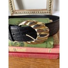 Vintage Magid Leather Belt Gold Sculptural Buckle  Croc Embossed  Size M