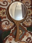 Vintage Hand Held Wooden Mirror With Beveled Glass