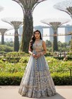 Dusty Blue Bridal Lehenga Choli Mirror Work Zari Embroidery Wedding Guest Wear