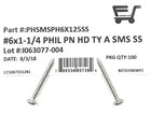  100   6 X 1-1 4 Stainless Steel Phillips Pan Head Sheet Metal Screws Type A