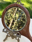 Vintage Wood Handheld Vanity Hand Mirror Round Glass Beveled Edge  Solid Wood