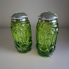 Green Glass Salt Pepper Set Moon And Stars 4  Tall L E Smith Vintage
