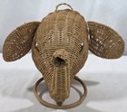 Vintage Mcm Wicker Rattan Elephant Head Towel Holder W  Green Marble Eyes