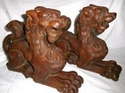 Two Antique Victorian Home Art Hand Carved Wood Lion Pediment Sculpture Statues
