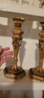 2 Vtg Italian Cast Painted Plaster Chalk Tall Candlesticks Gold And Flowers