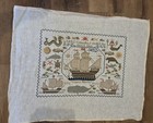 Hand Cross Stitched Sampler Featuring Columbus 1492 Ships And Sea Creatures