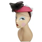 Pink Straw Fascinator Hat W black Bow And Net Veil Chin Strap Kentucky Derby   