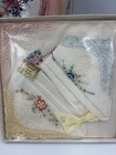 Vtg Pink Floral Mirror  Comb   Hair Brush Vanity  Set   Embroidered Hanky Set