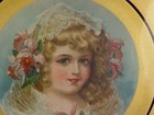 Antique Round Flue Cover Young Girl Flowers Metal Frame Original Chain