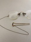 Antique Rimless Pince-nez Spectacles Solis Gold Filled Hairpin   Chain Bifocals