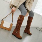 New Women s Buckle Zipper Wedge Heel Mid-calf Knee High Zip Slouch Boots Shoes
