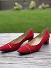 St John Italy Beautiful Vintage Red gold Trim Suede Pumps Size 8 1 2 B