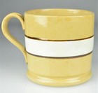 Large 19th C Banded Yellow Ware Stoneware Mug - 4   handle Repaired 