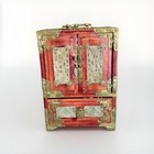 Vintage Chinese Jewelry Box Jade Inlay   Brass Accents 5drawers Pink Silk Lining