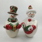 Vintage Christmas Snowman Couple Salt   Pepper Shaker Set Signed Jac 1990s