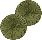 Set Of 2 Round Pleated Throw Pillows  Olive Velvet  14 5  - Ideal For Sofa 