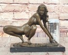 Signed Original Abstract Modern Art Nude Woman Stretches Her Body Bronze Statue