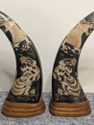 Pair 13  Vintage Hand Carved Asian Water Buffalo Horns Dragons Tiger Scrimshaw 