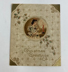 Vintage Early Mid Century Christmas Greeting Card Gold Pretty Brunette Girl