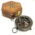 Antique Marine Style Brass Finish Sun-dial Clock Pocket Compass With Wood Box 