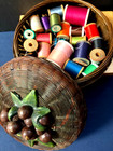 Vintage Small  Wicker  7  Sewing Basket With Decorative Top And Thread Spools 
