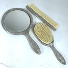 Vintage Vanity Set Silver Plate Hand Mirror Brush Comb 3 Piece Ornate Floral Set
